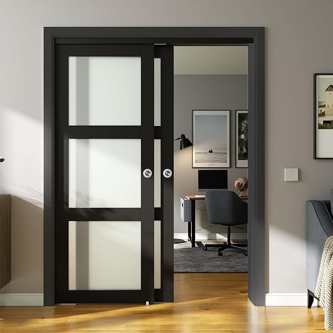 SMARTSTANDARD Bypass Sliding Closet Doors 72x80 in (Double 37in) for Bedroom, 3-Lite Frosted Glass Bypass Door with Hardware Kit Included, Preassembled Door Panel, Water-Proof PVC Surface, Black