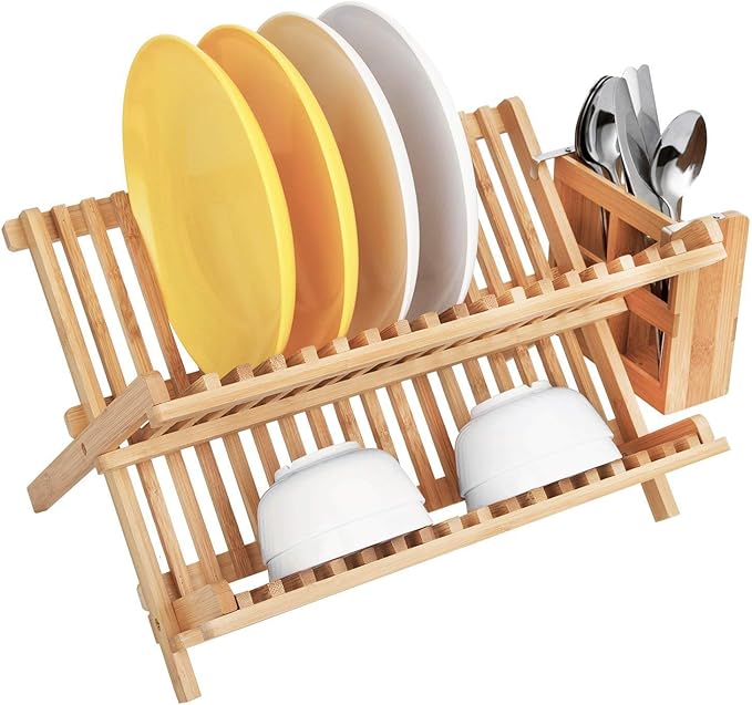 Lawei Bamboo Dish Drying Rack with Utensil Holder - Collapsible Dish Drainer Foldable Dish Rack Bamboo Plate Rack for Plates, Cups, Mugs, Utensil, Flatwares