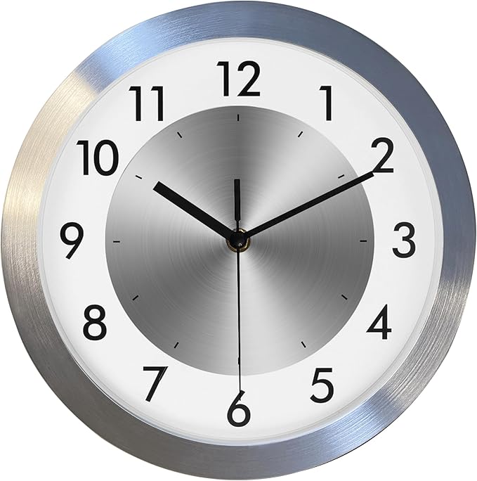 Non Ticking Silent Wall Clock Decorative,Analog Metal Wall Clock Battery Operated,Living Room/Office/Kitchen Clock,10 inch