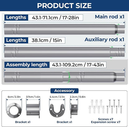 Mavivegue Closet Rod, 17 to 43 Inch Adjustable Closet Rods for Hanging Clothes, Silver Hanging Rod for Closet Wardrobes Laundry RV, Bathroom