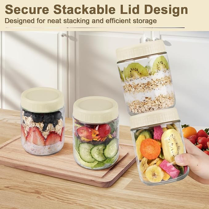 Overnight Oats Containers with Lids, 16oz Wide Mouth Mason Jars with Lids, 6 Pack Glass Jars with Airtight lid for Chia Pudding Yogurt Salad, Meal Prer Oatmeal Jars, Yellow