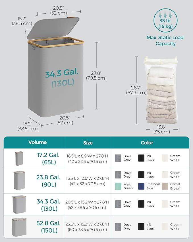 SONGMICS Laundry Hamper with Lid, 2-Section Large Laundry Basket, 34.3-gallon (130L), Removable Mesh Liner, Bamboo Handles, Collapsible, 20.5 x 15.2 x 27.8 Inches, Dove Gray ULCB513G01