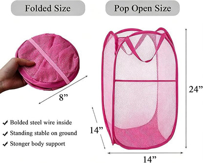 Larpur Popup Laundry Basket, Collapsible Portable Mesh Clothes Washing Laundry Hamper with Reinforced Carry Handles (Pink)