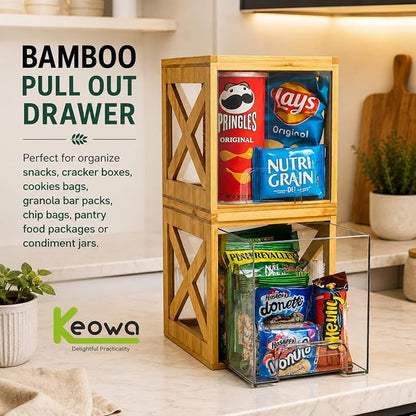 Stackable Bamboo Snack Drawer Organizer (2 Pack) – Pull-Out Storage Bins with Clear Acrylic Drawers – Pantry Storage for Snacks, Coffee Pods, Spices & K-Cups