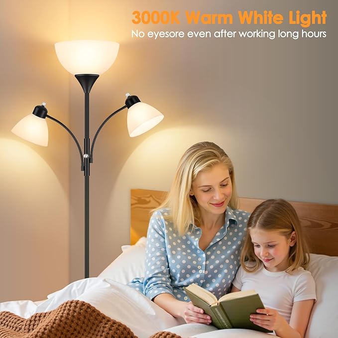 Floor Lamp for Living Room,72" Dimmable Torchiere Lamp with 2 Reading Lights for Bedroom, Black Tall Standing Room Lamp, 3 Bulbs Included