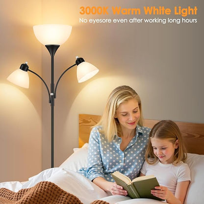 Floor Lamp for Living Room,72" Dimmable Torchiere Lamp with 2 Reading Lights for Bedroom, Black Tall Standing Room Lamp, 3 Bulbs Included