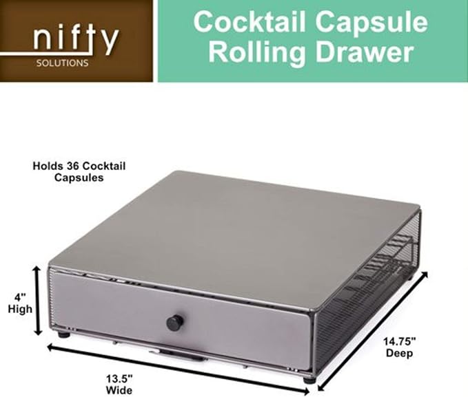 Nifty Cocktail Beverage Bartesian Capsule Drawer – Holds up to 36 Capsule Pods, Smooth Glide Rolling Drawer, Silver, Countertop Bar Organizer