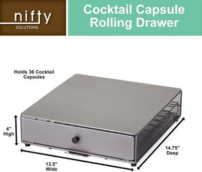 Nifty Cocktail Beverage Bartesian Capsule Drawer – Holds up to 36 Capsule Pods, Smooth Glide Rolling Drawer, Silver, Countertop Bar Organizer