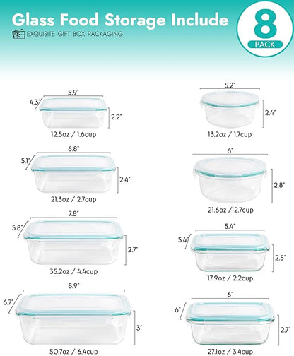 8-Piece Borosilicate Glass Food Storage Containers Set with Airtight Lids - Oven, Microwave & Freezer Safe, Leak-Proof, BPA-Free - Baking, Meal Prep & Gift Ready