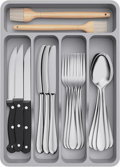 Lifewit Silverware Drawer Organizer Tray, Plastic Cutlery Storage for Kitchen, Flatware and Utensil Holder Divider for Spoons Forks Knives Tableware, 9.1 x 12.6", 5 Slots, Gray