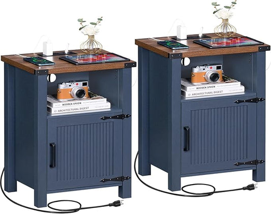 Night Stand Set of 2, 18 Inch Farmhouse Nightstand with with Charging Station and USB Port, Rustic Couch End Table with Magnetic Door, Wood Bed Side Tables for Bedroom, Home, Navy Blue