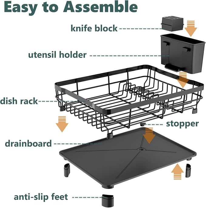 AIDERLY Metal Dish Drying Rack Automatic Drainage, Black, Large | Removable Cutlery Basket, Drainboard & Knife Slots, Dish Drainers, for Kitchen Counter Sink