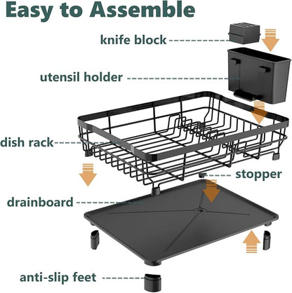 AIDERLY Metal Dish Drying Rack Automatic Drainage, Black, Large | Removable Cutlery Basket, Drainboard & Knife Slots, Dish Drainers, for Kitchen Counter Sink