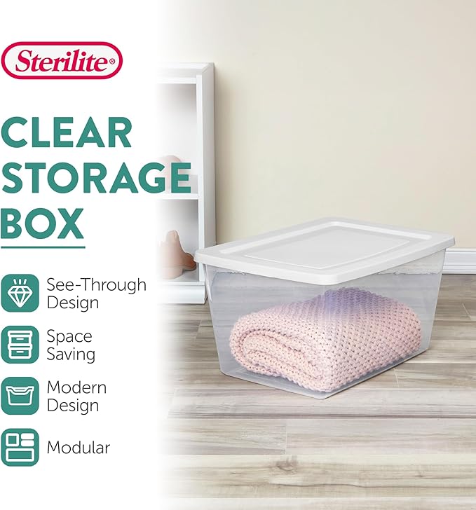 Sterilite 6-Pack Clear Storage Box, Stackable Container Bins with Lids, 58 Qt, White – Plastic Containers for Home, Closet, Bathroom, and Office Organization