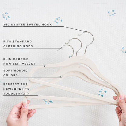 3 Sprouts Velvet Baby Hangers - Non-Slip Hanger for Infant, Toddler, Baby Clothes - Closet Kids Hangers with Slim Design, Nordic Colors, Pack of 50 - Cream