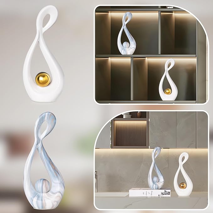 Modern Abstract Sculpture Home Decor, White and Gold Decor, Living Room Decoration Table Accessories, Table Art Ceramic Statue Decor, Centerpiece for Dining Room
