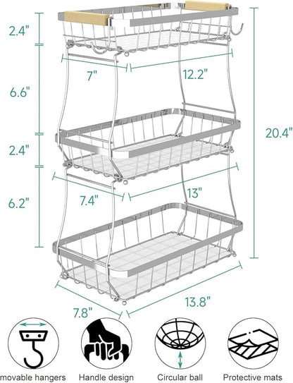 Sevenblue 2 Tier Large Fruit Basket for Kitchen Counter with 2 Mobile Banana Hangers, 2026 Pro Detachable Metal Fruit Bowl with Wooden Handle (Silver, 3 Tier)