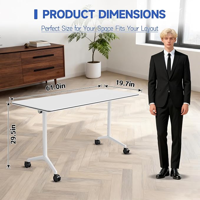 2pcs 61.0 Inch Folding Conference Table with Silent Wheels,Mobile foldable Flip Top Rectangular Meeting Tables for Office Training classroom,Locking Rolling Modular White Desk for Space Saving