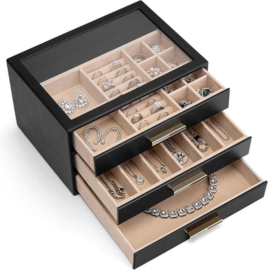 VLANDO Jewelry Box for Women, 3-Layer Jewelry Organizer with Drawers, Glass Lid Display Jewelry Storage, Soft PU Leather Exterior, Contrast Gold Metal Handles, Refined Style - Black
