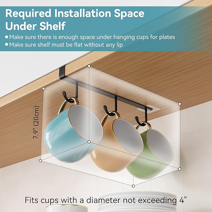 ECROCY Coffee Mug Holder Under Cabinet Only Fits Shelves up to 3/4" Thick, Clip-On Coffee Mug Organizer Pack of 3, No Drilling Free Damage