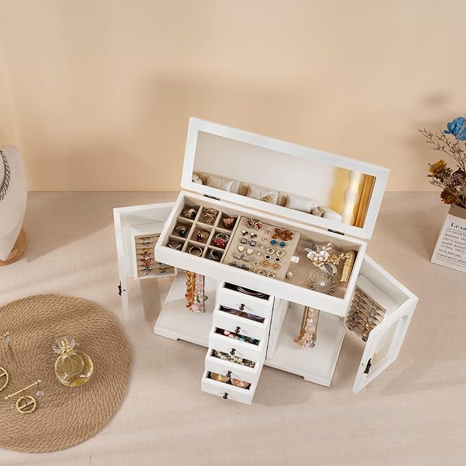 Miratino Jewelry Box for Women Girls, Wooden Jewelry Organizer Box with Mirror, 5 Layer Jewelry Storage Case Display for Necklaces Earrings Rings Bracelets Valentine's Day Gifts