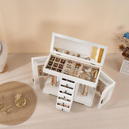 Miratino Jewelry Box for Women Girls, Wooden Jewelry Organizer Box with Mirror, 5 Layer Jewelry Storage Case Display for Necklaces Earrings Rings Bracelets Valentine's Day Gifts