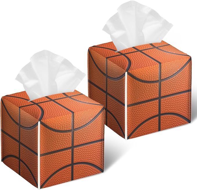 Basketball Tissue Box Cover 2PCS, Sport Ball Leather Tissue Box Holder Square Facial Paper Case Tissue Box Cube Organizer for Bathroom Bedroom Desk Office