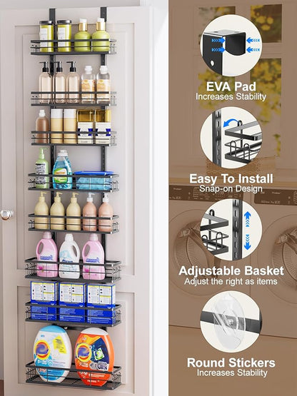 Delamu 9 Tier Over The Door Pantry Organizer, Pantry Organization and Storage, Hanging Spice Rack for Pantry Door Organizer, Metal Pantry Door Shelves for Kitchen Bathroom Laundry Room,15.3" Black