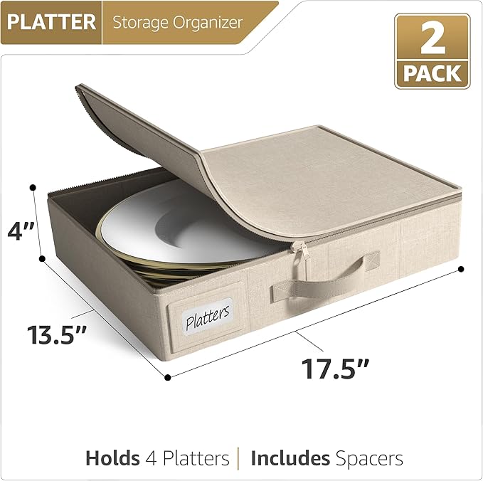 Sorbus China Storage Containers – Dinnerware Organizer for Platter Storage with Lid (Holds Service for 12) with Felt Protectors – 17" x 13" x 4" – 2 Pack