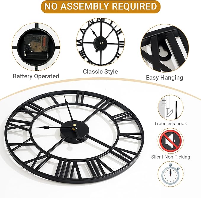 Blorple 20inch/50cm Large Wall Clocks for Living Room Decor,Modern,Battery Operated,Silent,Non Ticking,Big Black Round Wall Clock for Home,Farmhouse,Office,Decoration(Iron Roman Numerals, 20 inches)