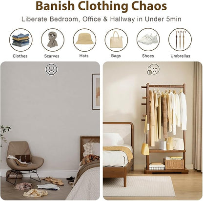 Solid Wood Clothes Rack with 2 Shelves & 4 Hooks for Hanging Clothes Garment Wallets Hats, Clothing Rack Heavy Duty Coat Rack Freestanding with Storage Hall Tree for Hallway Bedroom Living Room