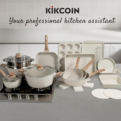 Kikcoin Pots and Pans Set Non Stick 31 Piece Kitchen Nonstick Cooking Cookware Sets with Grill Pan Saucepan Baking Sheet Utensil, Cream White