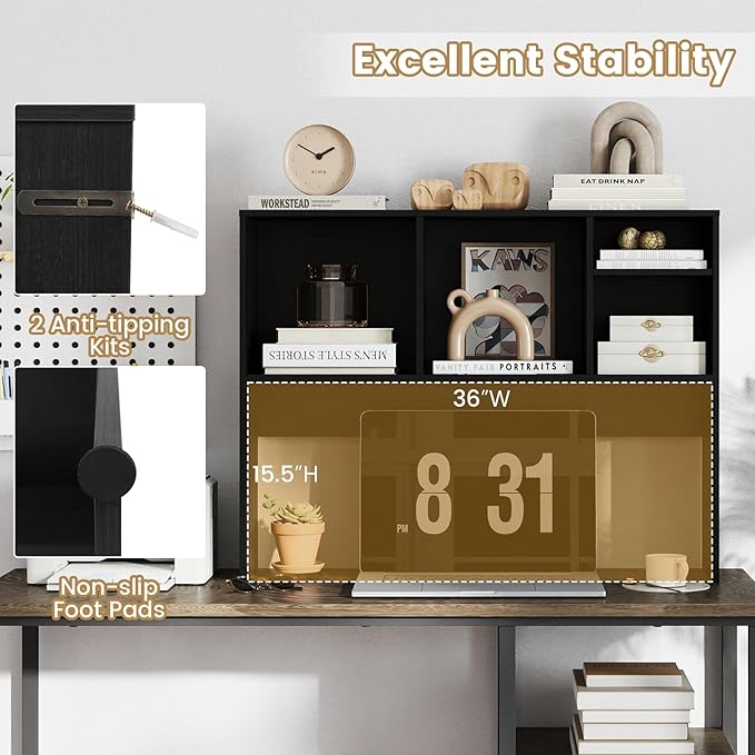 Desk Hutch, Desktop Shelf with 4 Shelves, Desk Bookshelf w/Anti-Toppling Devices, Wood Table Top Bookshelf Organizer, Small Desk Shelf for Study, Office, Dorm (Black, 4 Shelves)