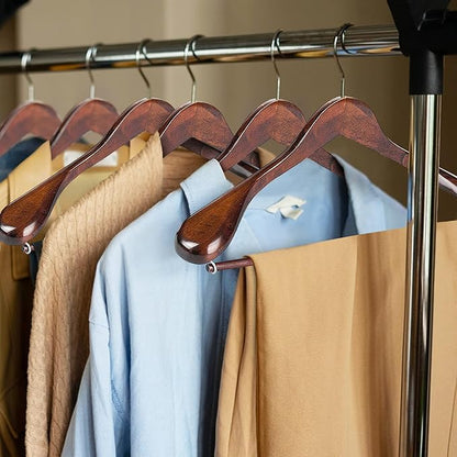 Wide Shoulder Wooden Suit Hangers with Non-Slip Pants Bar & 360° Swivel Hook - Smooth Finish Coat Hangers for Men and Women - Heavy Duty Clothes Hanger – Pack of 6
