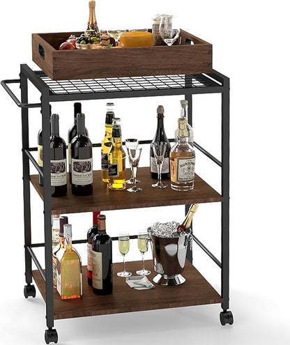 3 Tier Kitchen Cart, Rolling Bar Cart for Tea, Coffee, Liquor, and Drink Service with Removable Serving Detachable Server, Walnut