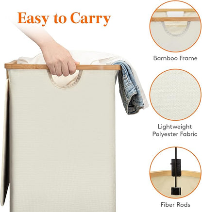 Lifewit 120L Double Laundry Hamper with Lid, Large Laundry Basket with Removable Bag & Bamboo Handles, Fodable Tall Dirty Clothes Hamper for Laundry Collapsible Bin for Bathroom Bedroom Dorm, Beige