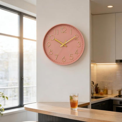 DAXSMY Wall Clock - 12 Inch Silent Non-Ticking Modern 3D Wall Clocks Battery Operated - Decorative Clock for Kitchen, Home Office, Bathroom, Bedroom, Living Room(Pink)