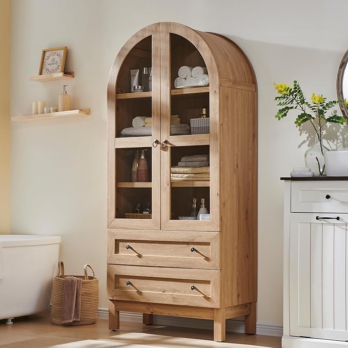71" Tall Arched Bathroom Storage Cabinet, 4-Tier cabinet w/2 Large Drawers &Adjustable Shelves, Wooden Bathroom Floor cabinets w/Glass Doors, Modern Farmhouse Versatile Cabinets for bathroom, Natrual