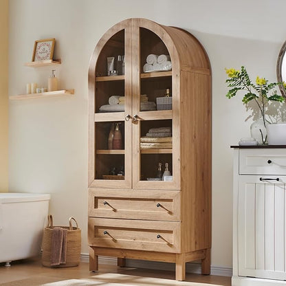 71" Tall Arched Bathroom Storage Cabinet, 4-Tier cabinet w/2 Large Drawers &Adjustable Shelves, Wooden Bathroom Floor cabinets w/Glass Doors, Modern Farmhouse Versatile Cabinets for bathroom, Natrual