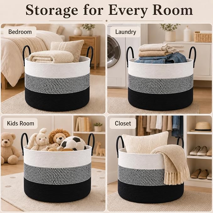 JMvicyroam 115L Extra Large Blanket Basket for Living Room - Woven Cotton Rope Laundry Hamper with Reinforced Handles - Storage Bin for Pillows, Comforters & Toys - Machine Washable,White&Black Mix