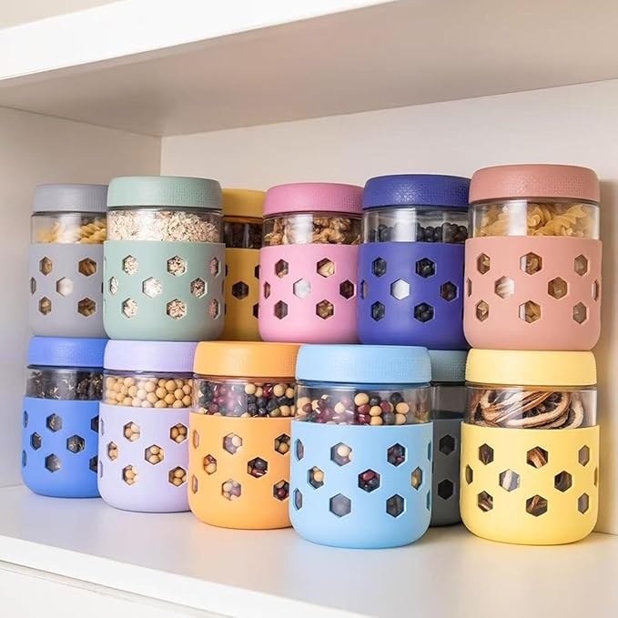 Overnight Oats Container 16 oz - 6 Pack with Silicone Sleeves for Glass Soup Containers with Lids - BPA Free, Leak Proof, Dishwasher Safe - Wide Mouth Jars for Yogurt, Meal Prep, Drinking & Storage