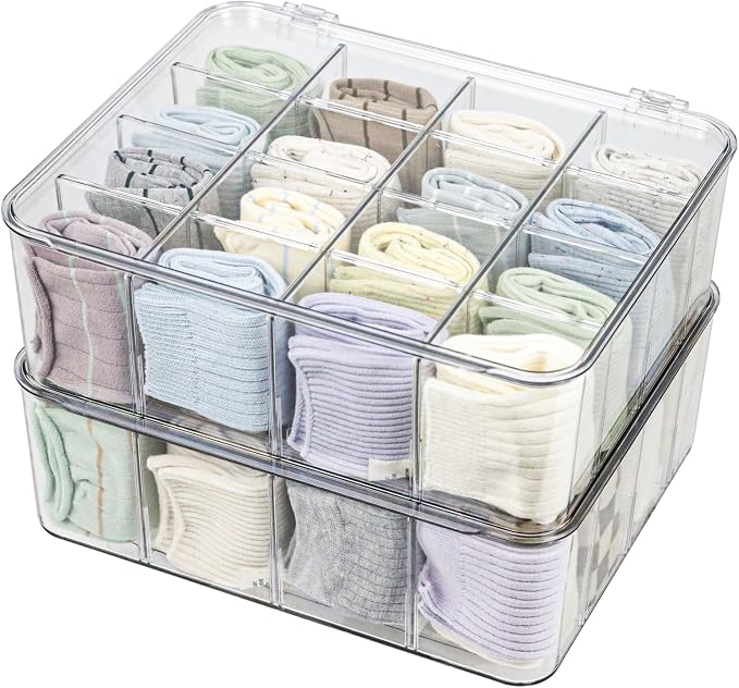 ZEXALOR Plastic Clear Storage Containers, Set of 2, Sock Organizer Divided Boxes with Lids, Underwear Drawer Organizer, Tie Dresser Organizer (11.8×9.4×3.9")