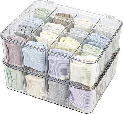 ZEXALOR Plastic Clear Storage Containers, Set of 2, Sock Organizer Divided Boxes with Lids, Underwear Drawer Organizer, Tie Dresser Organizer (11.8×9.4×3.9")