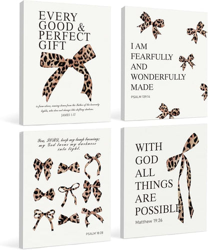 LARTSFRO Coquette Leopard Bow Christian Canvas Wall Art Decor Posters Prints, Y2K Cheetah Leopard Bow Room Bedroom Bathroom Dorm Wall Art Decor Aesthetic for College Teen Girls Gifts, Inspirational Bible Verses Bow Wall Decor, 11x14 Inch Set of 4 Pcs C...