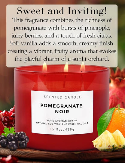 Pomegranate Noir Vanilla 3 Wick Candle | Highly Scented Natural Soy Candle 15.8 oz | Aromatherapy Stress Relief Candle Long Lasting & Clean Burn | Luxury Relaxing Gift for Home, Women & Men
