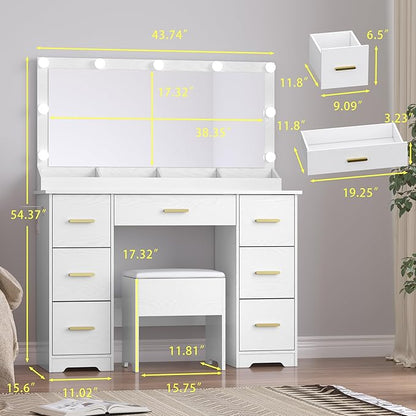 Makeup Vanity with Large Lighted Mirror and Chair, 7 Drawers Vanity Makeup Desk Table with Power Strip, Adjustable Lighting, and Cushioned Storage Stool for Women, Girls