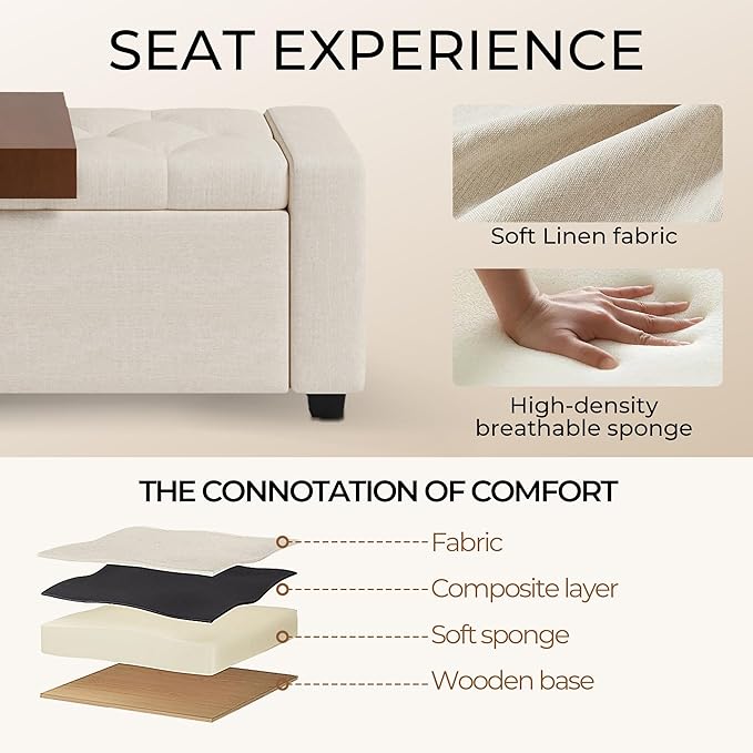 Storage Ottoman Bench with Tray,47" Ottoman with Storage for Living Room, Rectangular Bench with Cushion and Safety Hinge for Bedroom,Holds up to 400 lb,Beige