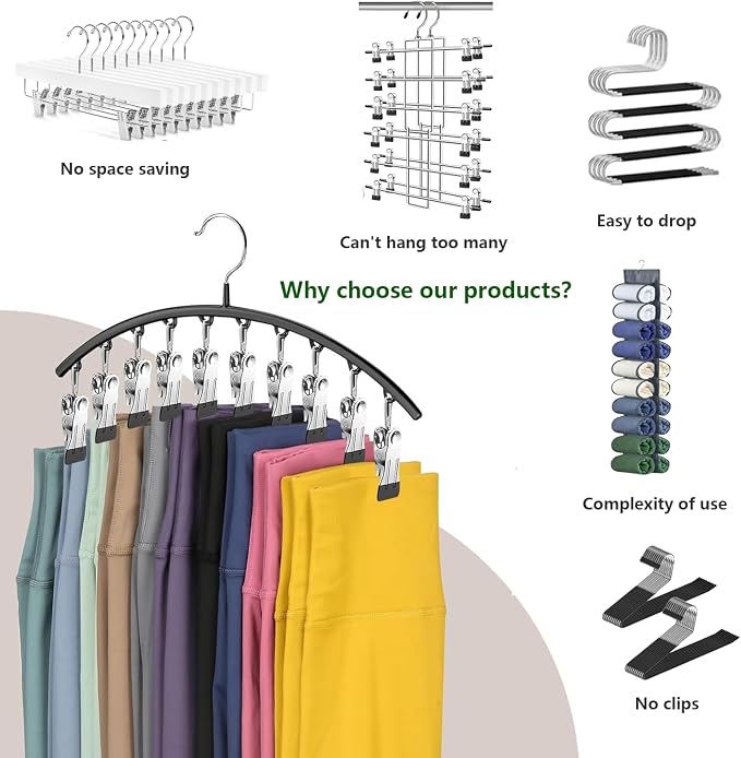 Legging Organizer for Closet,Leggings Hangers for Closet 2 Pack Pants Hangers w/10 Clips, Space Saving Hangers Closet Organizers and Storage for Pants Skirts Scarf Legging