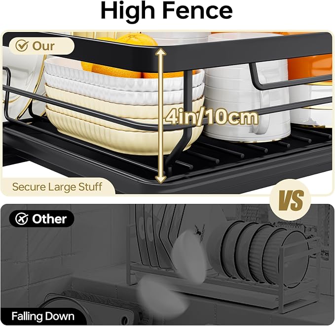 TOOLF Dish Drying Rack, Small Dish Racks for Kitchen Counter, Stainless Steel Sink Organization and Storage Essentials with Cutlery Holder, Dish Drainer, Home and Appartment Decor, Black