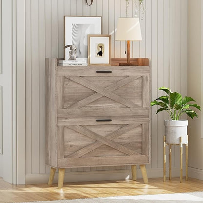 Homleke 32" W Farmhouse Shoe Storage Cabinet with 2 Flip Drawers and Barn Door Design, Adjustable Shelves, Modern Hidden Slim Narrow Shoe Rack Cabinet for Entryway, Foyer, Hallway, Living Room, Greige